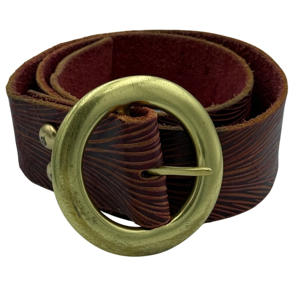Leather Belt Womens Large Burgundy Brass Round Buckle Textured Boho Vintage